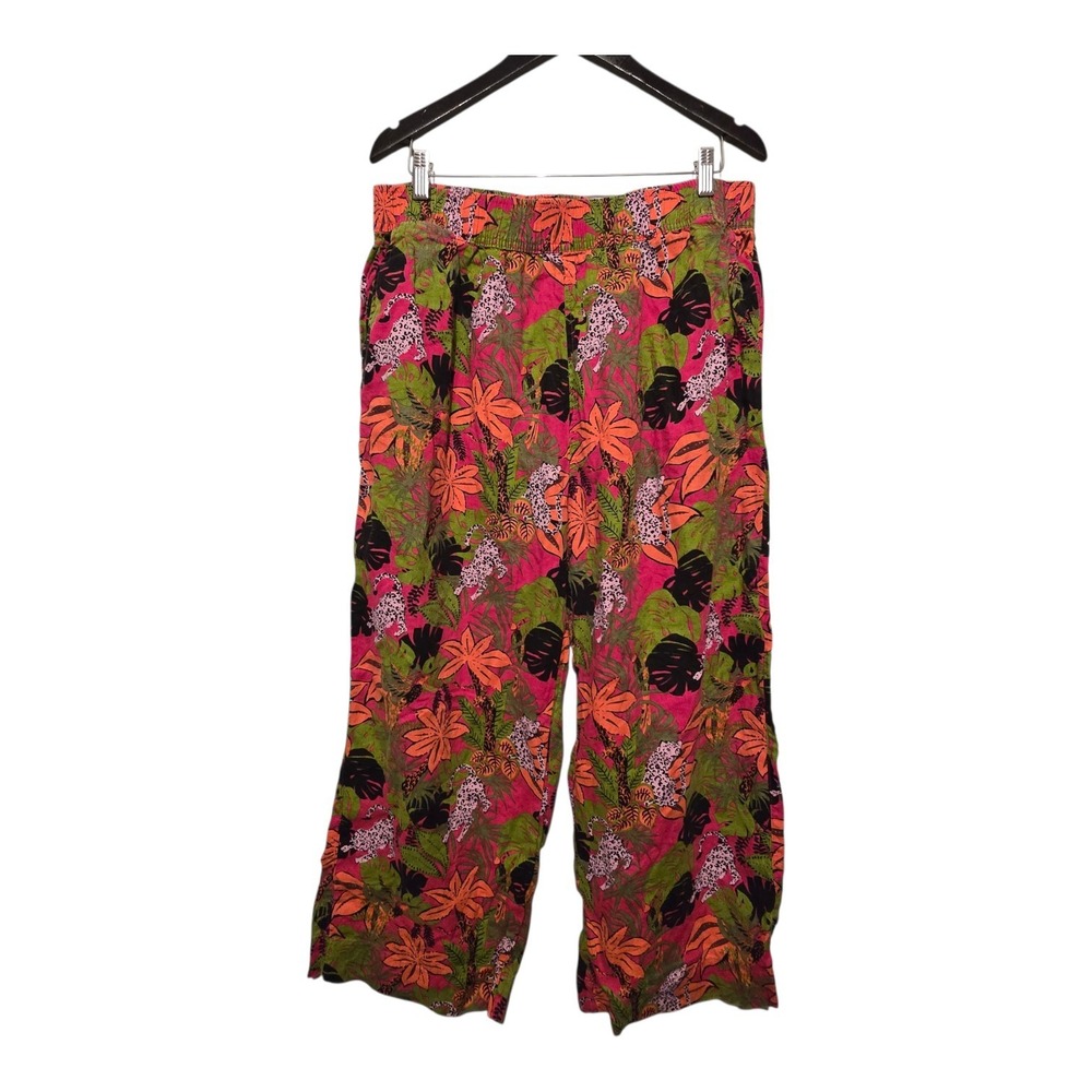 C & C California 100% Linen Wide Leg Pants Womens 1X Tropical Jaguar Resort Crop